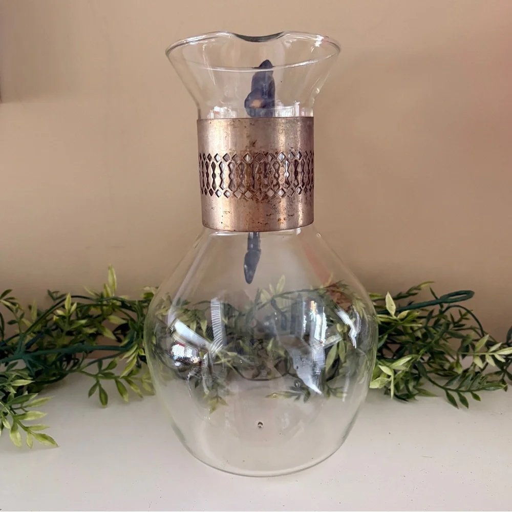 Vintage Corning Glass Coffee or Tea Carafe Pitcher with Metal Collar and Handle